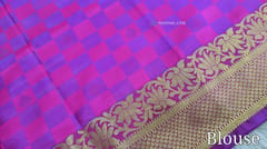 CODE WS834 :  Bright pink soft jacquard silk cotton saree with zari woven borders, checkered pattern all over with gold zari buttas, rich zari woven pallu , checkered jacquard running blouse with borders.