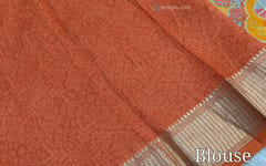 CODE WS845 : Orange pure assam silk saree (soft and silky) with beautiful zari woven double side borders, Digital printed pattern all over, striped pallu,running printed blouse with borders.