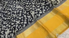 CODE WS854 :  Black base kalamkari printed pure kotas silk saree with contrast dark fenugreek yellow gap borders (lightweight), peacock printed pallu with tassels, contrast running digital printed blouse.