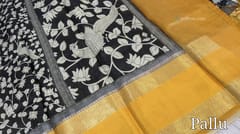 CODE WS854 :  Black base kalamkari printed pure kotas silk saree with contrast dark fenugreek yellow gap borders (lightweight), peacock printed pallu with tassels, contrast running digital printed blouse.