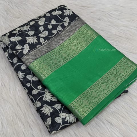 CODE WS855 :  Black base kalamkari printed pure kotas silk saree with contrast green gap borders (lightweight), peacock printed pallu with tassels, contrast running digital printed blouse.