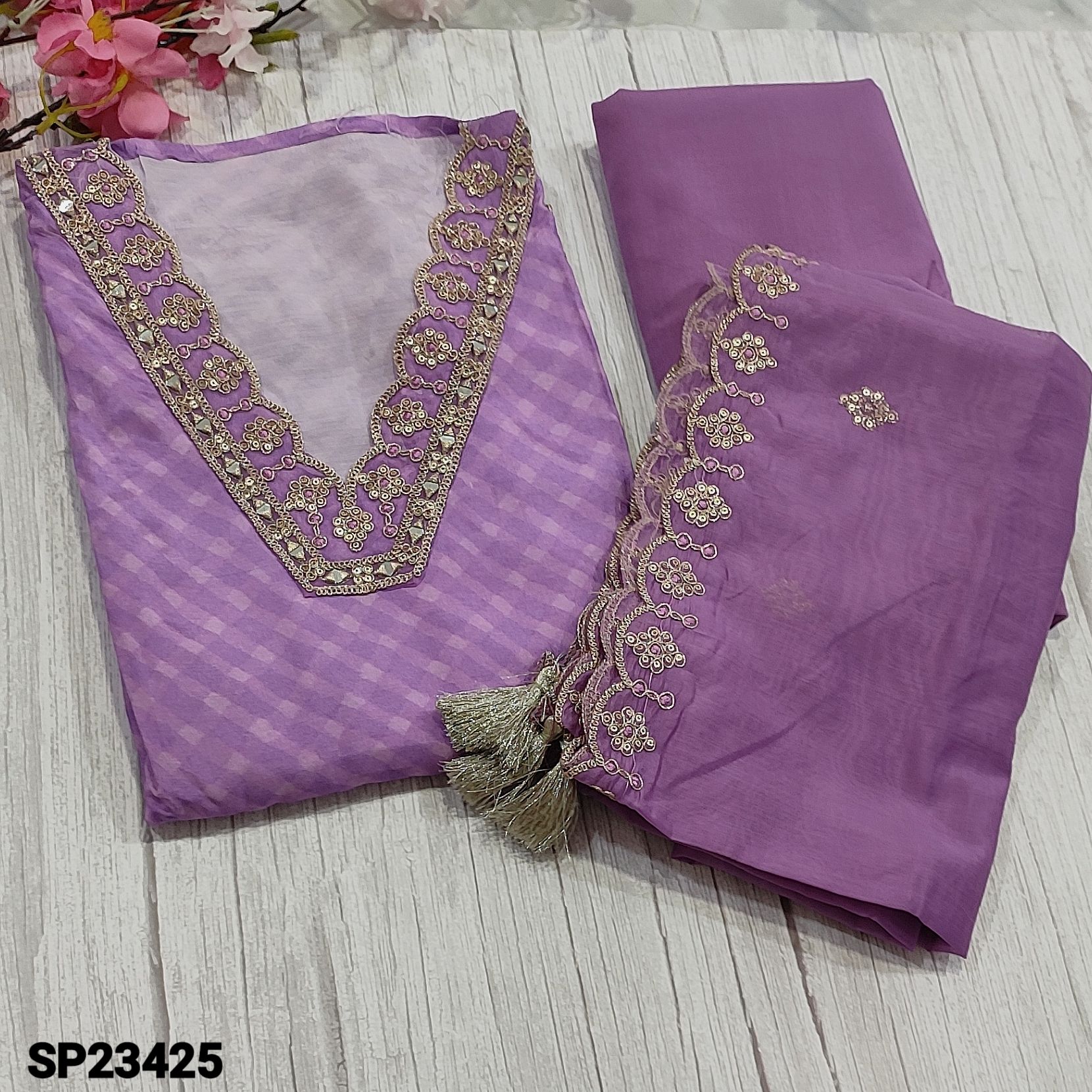CODE SP23425 : Designer Light Purple Shade Pure Masleen Silk Unstitched  salwar material (silky, thin fabric, lining needed) V-Neck highlighted with  zari, sequins and real mirror detailing, abstract printed all over, Matching