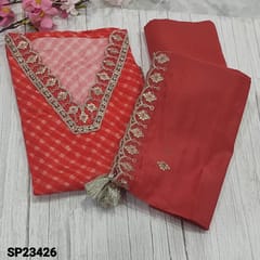 CODE SP23426 : Designer Bright Orange Shade Pure Masleen Silk Unstitched salwar material (silky, thin fabric, lining needed) V-Neck highlighted with zari, sequins and real mirror detailing, abstract printed all over, Matching Santoon Bottom, sequins work on Soft Silk Cotton and zari and thread work on border