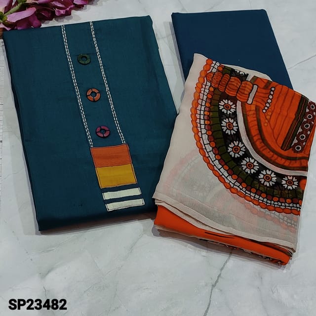 CODE SP23482 : Teal Blue Premium Pure Soft Cotton Unstitched salwar material (soft fabric, lining optional) multicolor yoke patch with fancy buttons, printed borders on daman, Matching Cotton Bottom, kathakali printed chiffon dupatta