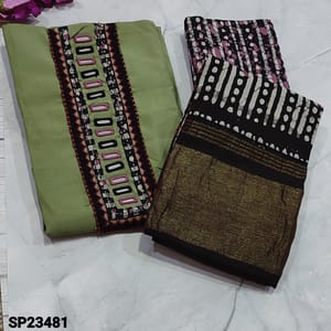 CODE SP23481 : Designer Pastel Green Premium Silk Cotton Unstitched salwar material (silky, soft fabric, lining needed) with kantha stich and real mirror detailing on yoke, Wax Batik dyed pure Cotton Bottom, Wax Batik dyed on soft silk cotton dupatta with one side gold tissue border and crochet lace work