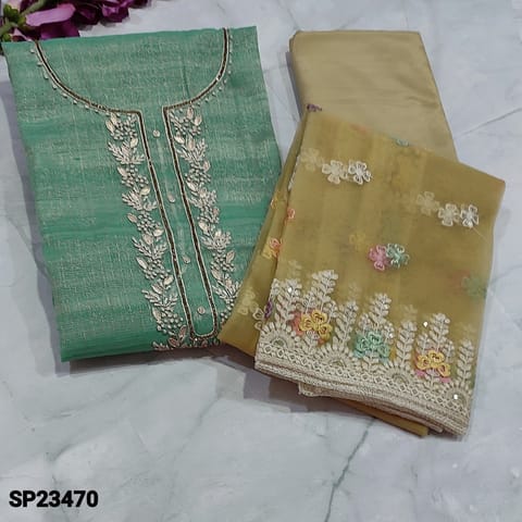 CODE SP23470 : Pastel Blue with Golden Tint Tissue Silk Cotton Unstitched Salwar material(light weight, thin fabric, lining needed) with thread and gota patch detailing on yoke, Beige thin silky Bottom, rich embroidery work on fancy netted dupatta