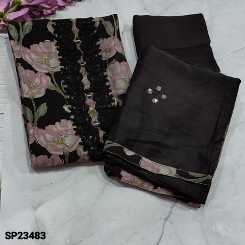 CODE SP23483 : Black Base with Pink Floral Printed Modal Masleen Unstitched Salwar material(silky, soft fabric, lining optional) with lace work and real mirror detailing on yoke, Matching Santoon Bottom, sequins and thread and soft silk cotton dupatta with tapings
