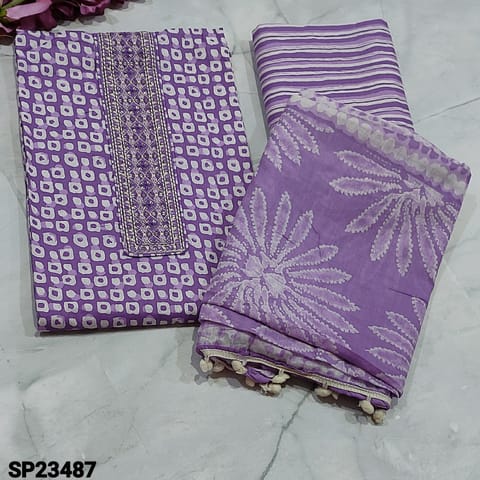 CODE SP23487 : Dark Purple Shade Pure Soft Cotton Unstitched Salwar material(soft fabric, lining optional) with thread and sequins work on yoke, stipe pure Cotton Bottom, floral printed Pure Soft Mul Cotton dupatta with pom pom tapings