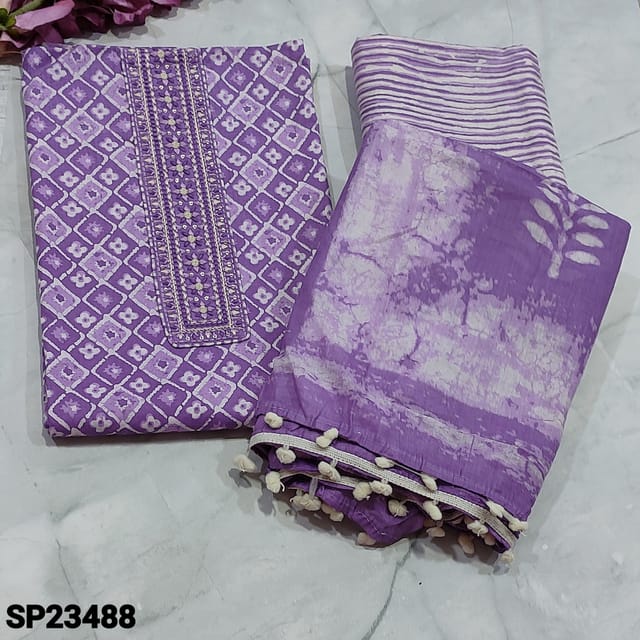 CODE SP23488 : Dark Purple Shade Pure Soft Cotton Unstitched Salwar material(soft fabric, lining optional) with thread and sequins work on yoke, stipe pure Cotton Bottom, floral printed Pure Soft Mul Cotton dupatta with pom pom tapings