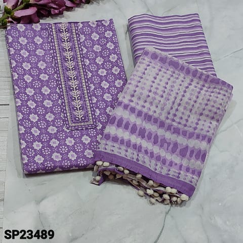 CODE SP23489 : Dark Purple Shade Pure Soft Cotton Unstitched Salwar material(soft fabric, lining optional) with thread and sequins work on yoke, stipe pure Cotton Bottom, floral printed Pure Soft Mul Cotton dupatta with pom pom tapings
