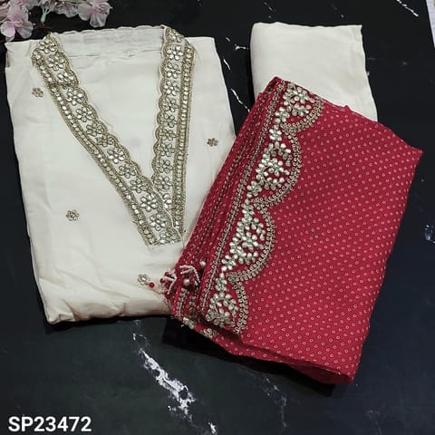 CODE SP23472 : Ivory Pure Dola Silk Unstitched Salwar material(thin fabric, lining needed) Collared V-Neck highlighted with gota patch and zari work, small sequins work on frontside, Matching Santoon Bottom, Dark Peachish Pink bhanthini printed pure organza dupatta with gota patch, zari and sequins work borders