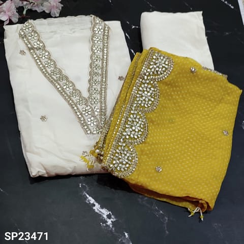 CODE SP23471 : Ivory Pure Dola Silk Unstitched Salwar material(thin fabric, lining needed) Collared V-Neck highlighted with gota patch and zari work, small sequins work on frontside, Matching Santoon Bottom, Bright Mehandhi Yellow  bhanthini printed pure organza dupatta with gota patch, zari and sequins work borders