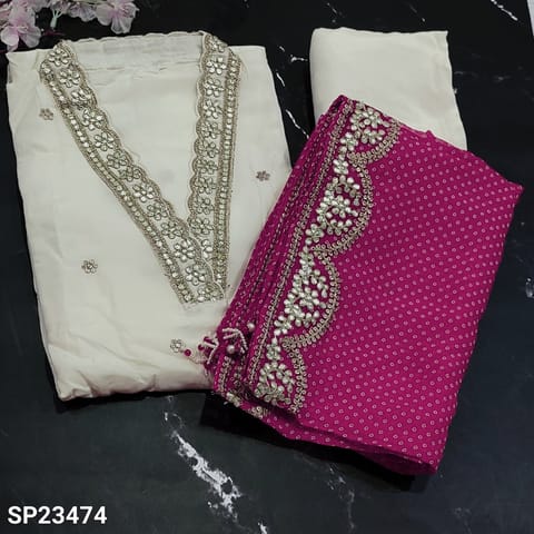 CODE SP23474 : Ivory Pure Dola Silk Unstitched Salwar material(thin fabric, lining needed) Collared V-Neck highlighted with gota patch and zari work, small sequins work on frontside, Matching Santoon Bottom, Bright Pink bhanthini printed pure organza dupatta with gota patch, zari and sequins work borders
