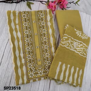 CODE SP23518 : Mehandhi Green Soft Silk Cotton Unstitched salwar material (soft fabric, lining needed) with embroidery and sequins work yoke, Vertical stipe pattern Wax Batik Design on frontside, Matching fabric provided for lining , NO BOTTOM, batik design on soft silk cotton dupatta with tapings