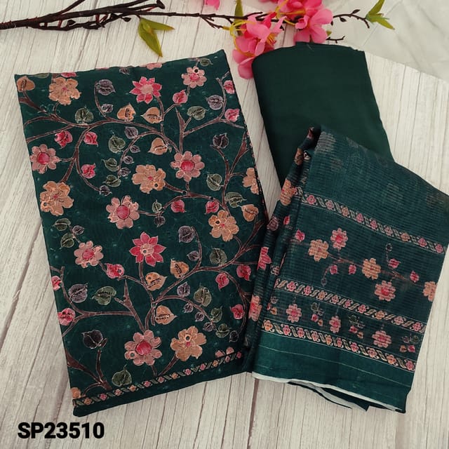 CODE SP23510 : Bottle Green Floral printed Silk Cotton unstitched salwar material (thin fabric, lining needed) with floral printed yoke, schiffli embroidery and and cut work detailing on frontside, Matching Spun Cotton Bottom, Digital printed silk cotton dupatta