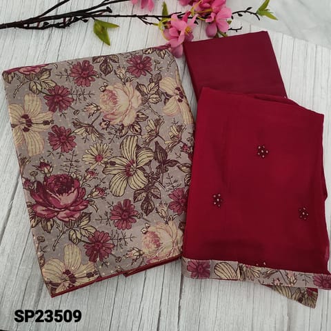 CODE SP23509 : Onion Pink Base Floral Printed Silk Cotton Unstitched Salwar material(thin fabric, lining included) Dark Pink silky Bottom, fancy chiffon dupatta with tapings, check description below before ordering
