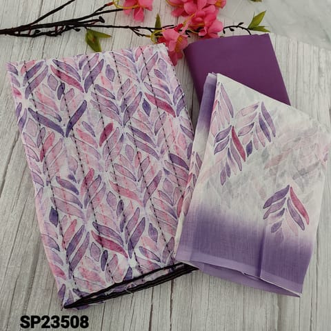 CODE SP23508 : Lavender Premium Linen unstitched Salwar material (thin fabric, lining needed) kantha stiches on frontside, leafy printed all over, Dark Purple Cotton Bottom, Premium linen dupatta
