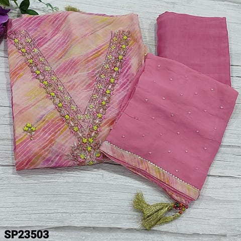 CODE SP23503 : Pastel Pink Abstract Printed Pure Organza unstitched Salwar material (light weight, thin fabric, lining needed) V-Neck highlighted With french knot, cut bead and stone detailing, Matching Silky Bottom, sequins work on chiffon dupatta with printed tapings
