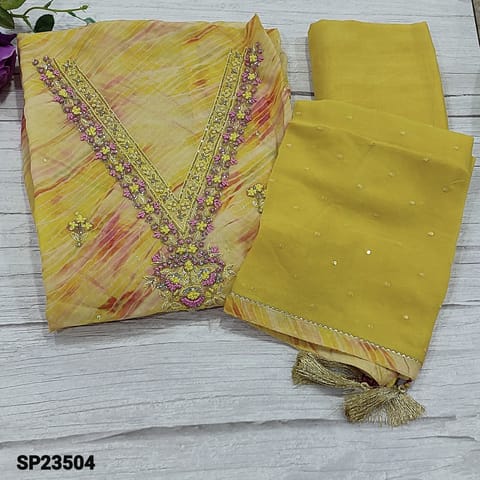 CODE SP23504 : Pastel Yellow Abstract Printed Pure Organza unstitched Salwar material (light weight, thin fabric, lining needed) V-Neck highlighted With french knot, cut bead and stone detailing, Matching Silky Bottom, sequins work on chiffon dupatta with printed tapings