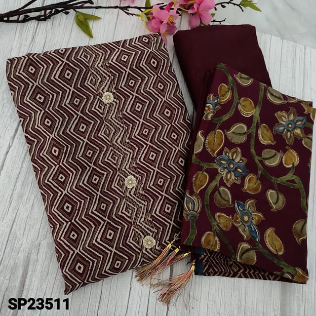 CODE SP23511 : Dark Beetroot Purple Printed Modal Masleen Silk unstitched Salwar material(silky fabric, soft, lining optional) with zari line and fancy buttons on yoke, Matching Santoon Bottom, Floral printed modal masleen silk dupatta