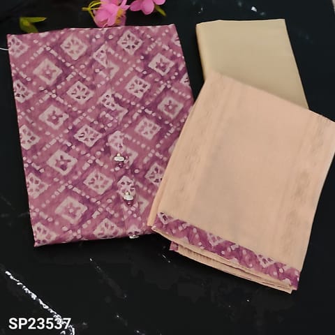 CODE SP23537 : Light Pink With Golden Tint Batik Printed Tissue Silk Cotton Unstitched Salwar material (light weight, shiny fabric), Silky fabric for lining provided, Beige silky Bottom, thread and tiny sequins work on soft silk cotton dupatta