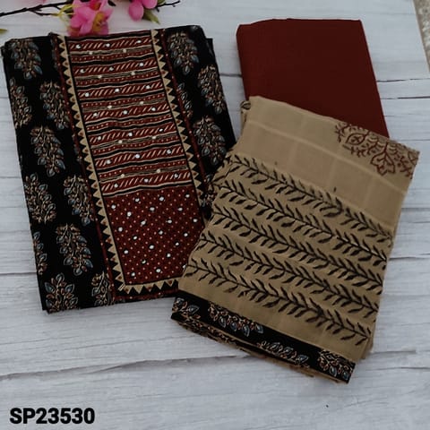 CODE SP23530 : Black Pure Cotton Unstitched Salwar material(thin fabric, lining optional) Contract Yoke patch with faux mirror and thread work, printed all over, Maroon Cotton Bottom, self checkered pattern on block printed Beige pure mul cotton dupatta with tapings