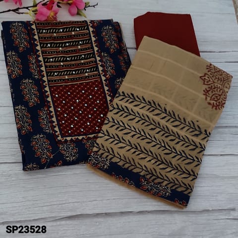 CODE SP23528 : Blue Pure Cotton Unstitched Salwar material(thin fabric, lining optional) Contract Yoke patch with faux mirror and thread work, printed all over, Maroon Cotton Bottom, self checkered pattern on block printed Beige pure mul cotton dupatta with tapings