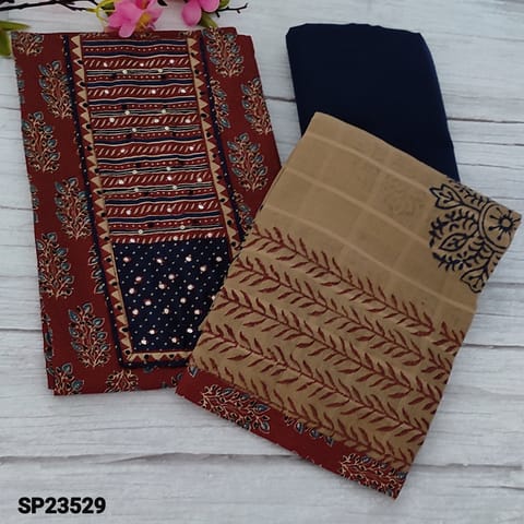 CODE SP23529 : Maroon Pure Cotton Unstitched Salwar material(thin fabric, lining optional) Contract Yoke patch with faux mirror and thread work, printed all over, Blue Cotton Bottom, self checkered pattern on block printed Beige pure mul cotton dupatta with tapings