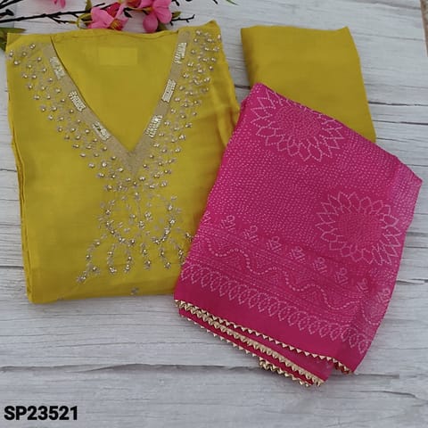 CODE SP23521 : Designer Light Mehandhi Yellow Pure Dola Silk Unstitched Salwar material(soft , silky fabric, lining needed) V-Neck highlighted with zari, sequins and tiny pearl bead, small zari work on frontside, Matching Santoon Bottom, Printed Bright Pink Pure organza dupatta with gota lace tapping