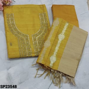 CODE SP23548 : Fenugreek Yellow Silk Cotton  Unstitched Salwar material(Light weight, thin fabric, lining needed) with zari and sequins work on yoke, zari work on frontside, Matching Silk Cotton Bottom, benerasi zari weaving in silk cotton dupatta with tissue borders with tassels