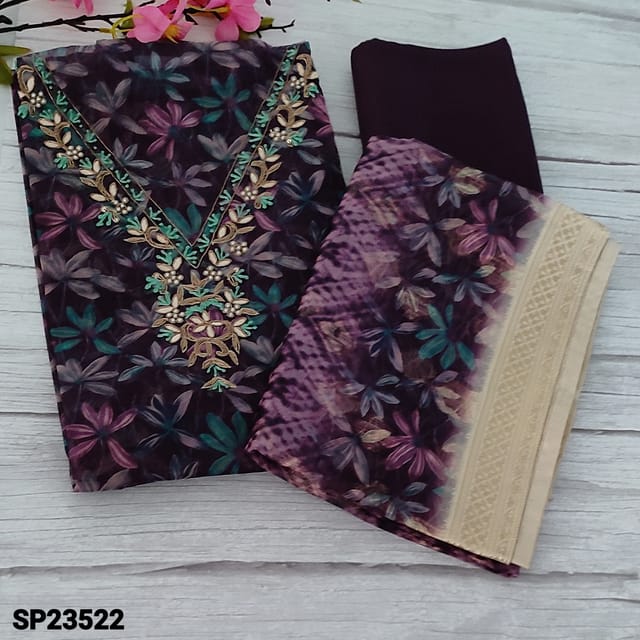 CODE SP23522 : Dark Purple Floral Printed Fancy Organza Unstitched Salwar material(light weight, thin fabric, lining needed) V-Neck highlighted with gota patch, zardozi and tiny Peral bead detailing, Matching Santoon Bottom, digital printed fancy organza dupatta with zari buttas and Benerasi woven borders