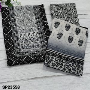 CODE SP23558 : Black Printed Pure Soft Cotton Unstitched Salwar material(soft fabric, lining needed) with faux mirror and french knot detailing on yoke, zigzag printed Cotton Bottom, printed linen cotton dupatta