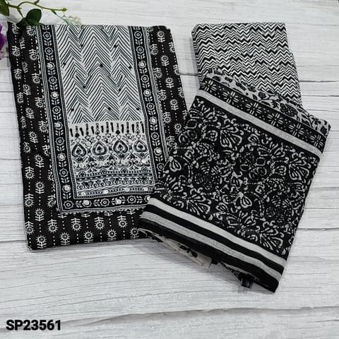 CODE SP23561 : Black Printed Pure Soft Cotton Unstitched Salwar material(soft fabric, lining needed) with faux mirror and french knot detailing on yoke, zigzag printed Cotton Bottom, printed linen cotton dupatta