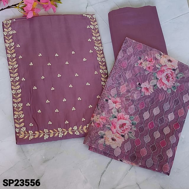 CODE SP23556 : Designer Dark Mauve Shade Premium Silk Cotton unstitched Salwar material(thin fabric, lining needed) with gota patch and Peral bead, zardozi work on yoke, small bead detailing on frontside, Matching Silk Cotton Bottom, digital printed fancy organza dupatta