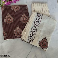 CODE SP23539 : Chocolate Brown pure kantha cotton unstitched Salwar material(thin fabric, lining optional) block printed and kantha stich all over, block printed Cotton Bottom, appliques work done on block printed mul cotton dupatta