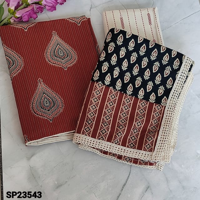 CODE SP23543 : Maroon pure kantha cotton unstitched Salwar material(thin fabric, lining optional) block printed and kantha stich all over, block printed Cotton Bottom, appliques work done on block printed mul cotton dupatta