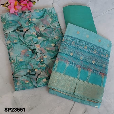 CODE SP23551 : Blue Shade Fancy Organza  unstitched Salwar material(light weight,  thin fabric, lining needed) with fancy buttons on yoke, zari buttas on frontside, Matching Silky Bottom, digital printed fancy organza dupatta with benerasi woven buttas and zari weaving borders