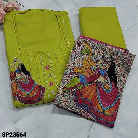 CODE SP23564 :  Light Mossy Green Liquid fabric unstitched Salwar material(Soft Flowy, thin fabric, lining needed) round neck, fancy buttons on yoke, thread, sequins and appliques work on frontside, Matching Liquid fabric Bottom, sequins on Madhubani printed silk cotton dupatta