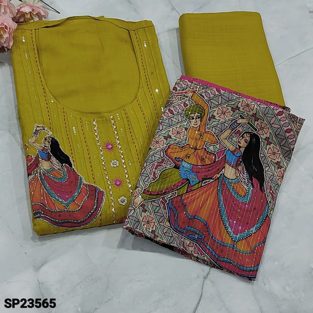 CODE SP23565 : Mehandhi Yellow Liquid fabric unstitched Salwar material(Soft Flowy, thin fabric, lining needed) round neck, fancy buttons on yoke, thread, sequins and appliques work on frontside, Matching Liquid fabric Bottom, sequins on Madhubani printed silk cotton dupatta
