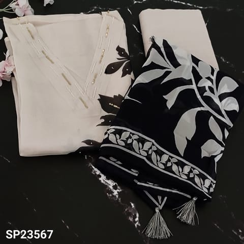 CODE SP23567 : Designer  Half White Pure Organza unstitched Salwar material(light weight, thin fabric, lining needed) V neck highlighted with tiny pearl bead and sequins work done, leafy printed all over, Matching Santoon Bottom, Black Printed Pure Organza dupatta