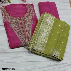 CODE SP23575 : Designer Bright Pink Shade Pure Dola Silk unstitched salwar material (shiny fabric, lining needed) round neck, zari and sequins work on yoke, Matching Santoon Bottom, Mehandhi Green  benerasi woven on pure organza dupatta with borders