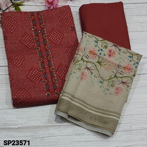 CODE SP23571 : Reddish Marron Satin Cotton unstitched salwar material (texture, soft fabric, lining optional) with embroidery and sequins work on yoke, Matching Spun Cotton Bottom, printed silk cotton dupatta