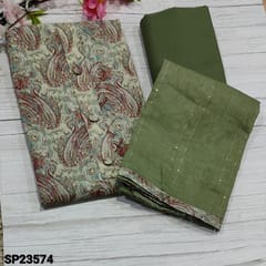 CODE SP23574 : Light Green Base Spun Cotton unstitched salwar material (soft fabric, lining optional) with fancy buttons on yoke, mango printed all over, Grey Cotton Bottom, sequins work on soft silk dupatta  with tapings