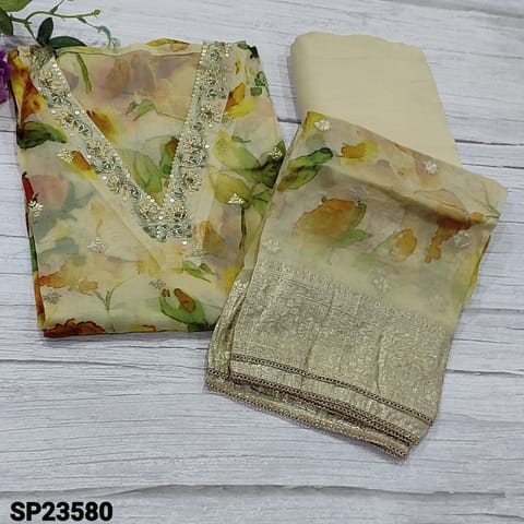 CODE SP23580 : Pastel Yellow Base Floral Printed Pure Organza Unstitched Salwar material(soft, thin fabric, lining needed) V-Neck highlighted with zardozi and sequins work, benerasi zari woven buttas on frontside, Matching Santoon Bottom, digital printed pure organza dupatta with benerasi woven borders