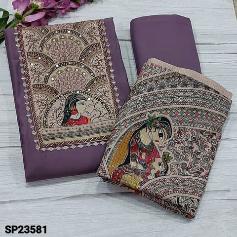 CODE SP23581 : Mauve Shade Silk Cotton  unstitched Salwar material(Soft fabric, lining needed)  digital printed yoke patch highlighted with zari, faux mirror detailing and real mirror outline, Matching Spun Cotton Bottom, sequins on Madhubani printed silk cotton dupatta with tapings