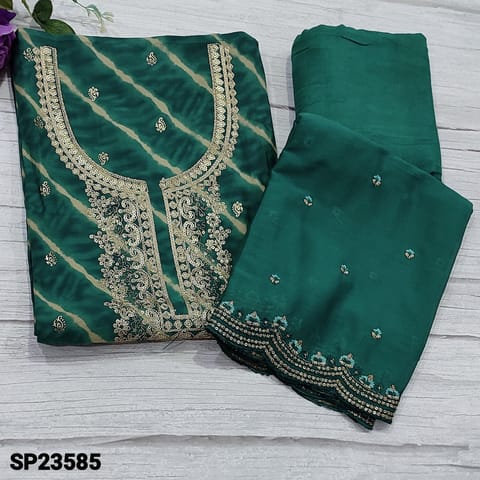 CODE SP23585 : Designer Teal Green Lehriya Printed  Modal Masleen unstitched Salwar material(soft, silky fabric, lining optional) with zari and sequins work on yoke, Foil block printed all over, Matching Santoon Bottom, embroidery and zari work on chiffon dupatta with border