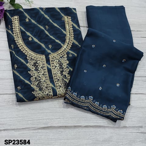 CODE SP23584 : Designer Dark Blue Shade Lehriya Printed  Modal Masleen unstitched Salwar material(soft, silky fabric, lining optional) with zari and sequins work on yoke, Foil block printed all over, Matching Santoon Bottom, embroidery and zari work on chiffon dupatta with border