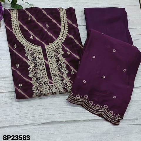 CODE SP23583 : Designer Dark Purple Shade Lehriya Printed  Modal Masleen unstitched Salwar material(soft, silky fabric, lining optional) with zari and sequins work on yoke, Foil block printed all over, Matching Santoon Bottom, embroidery and zari work on chiffon dupatta with border