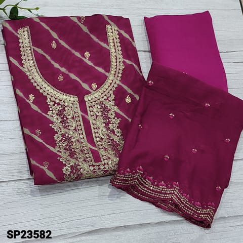 CODE SP23582 : Designer Pink  Lehriya Printed  Modal Masleen unstitched Salwar material(soft, silky fabric, lining optional) with zari and sequins work on yoke, Foil block printed all over, Pink Santoon Bottom, embroidery and zari work on chiffon dupatta with border