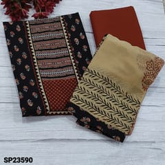 CODE SP23590 : Black Printed Pure Cotton Unstitched Salwar material(thin fabric, lining optional) Contract Printed Yoke patch, printed all over, Maroon Cotton Bottom, block printed chiffon dupatta with tapings
